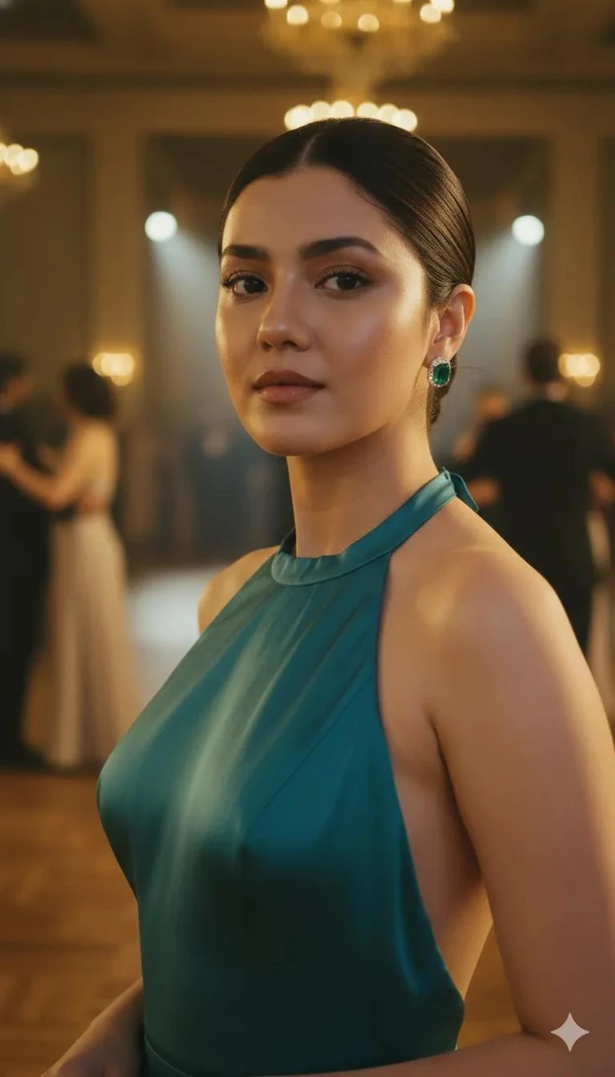 Ultra-realistic portrait of an elegant young woman at a formal ballroom e...