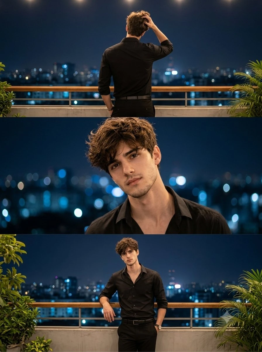 A cinematic nighttime rooftop balcony portrait of a handsome young man wi...