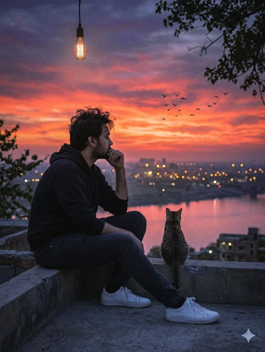 A cinematic, ultra-realistic sunset scene overlooking a glowing city by a...