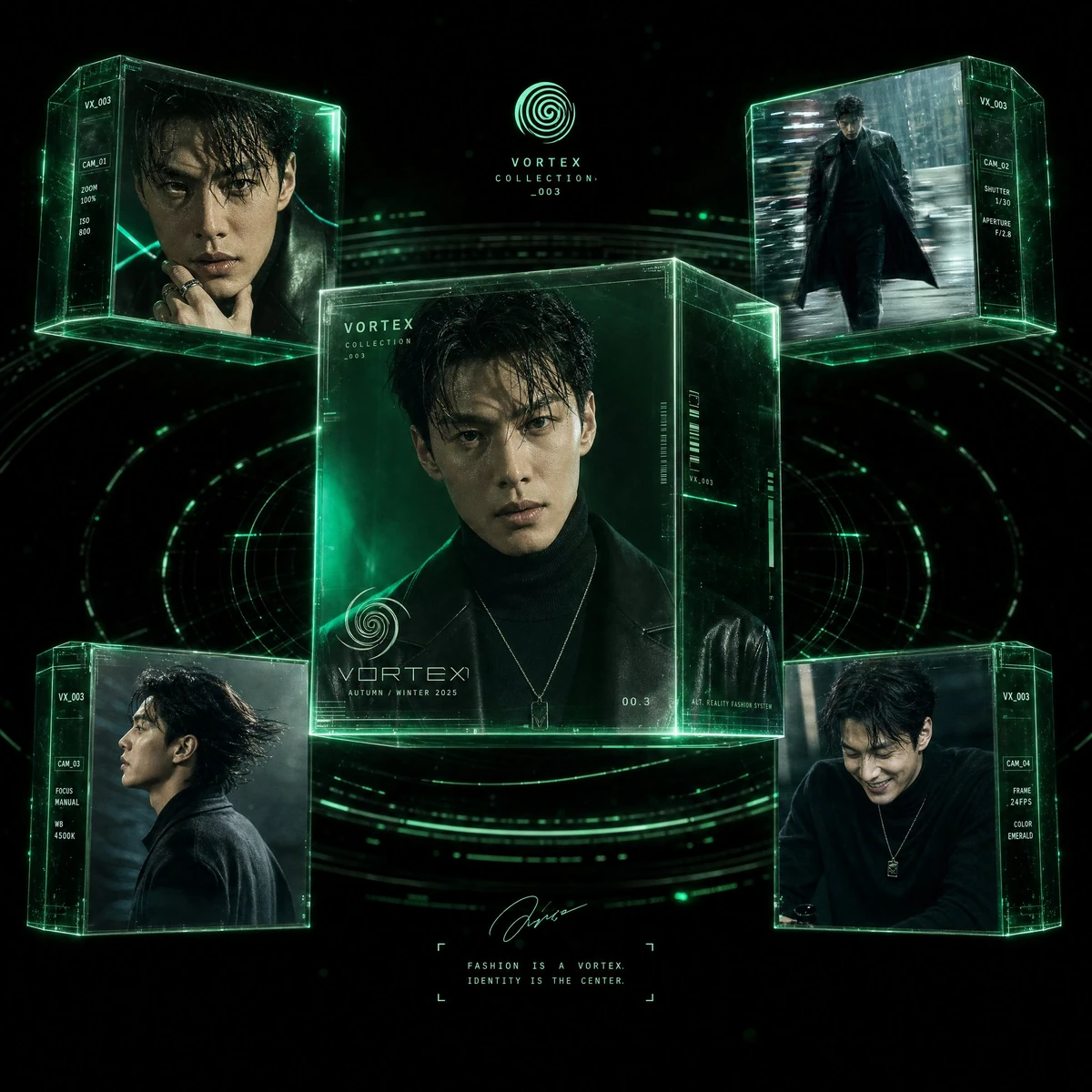Hyper-realistic futuristic fashion editorial poster featuring a stylish E...