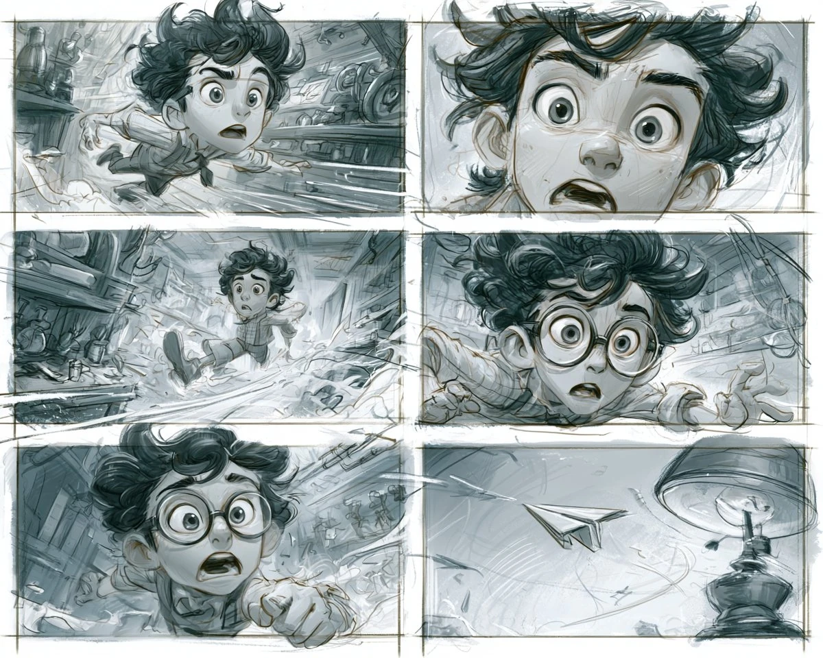 four storyboard frames for a short animated scene, a small inventor chasi...