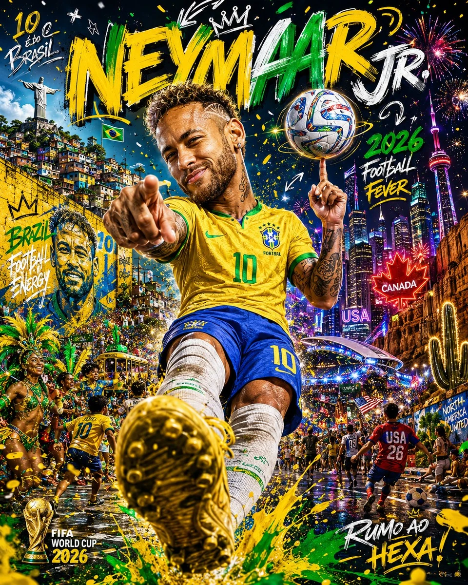 A hyper-detailed, ultra-vibrant football poster featuring a caricature-st...