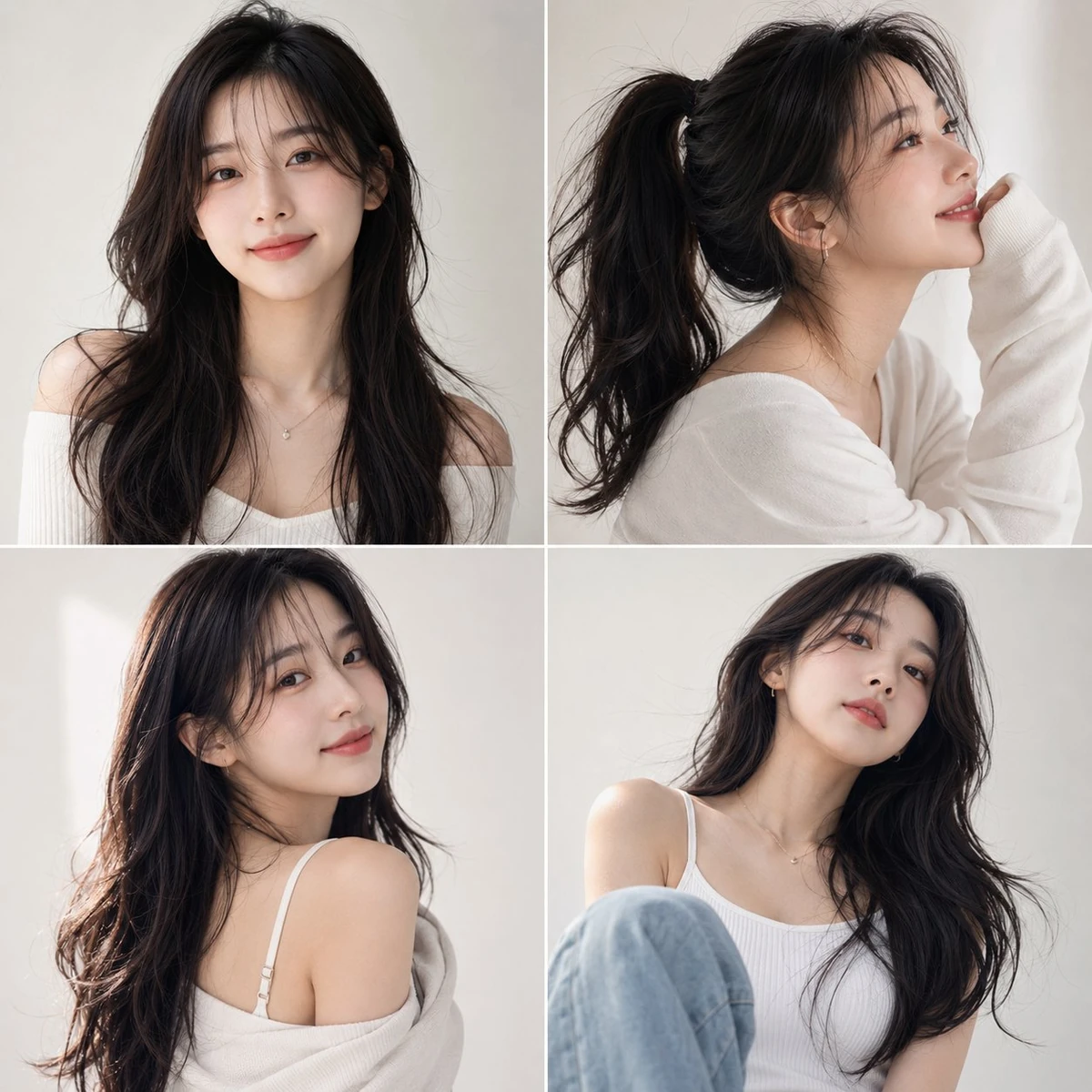 Photorealistic Korean beauty portrait of a cute young woman with long wav...