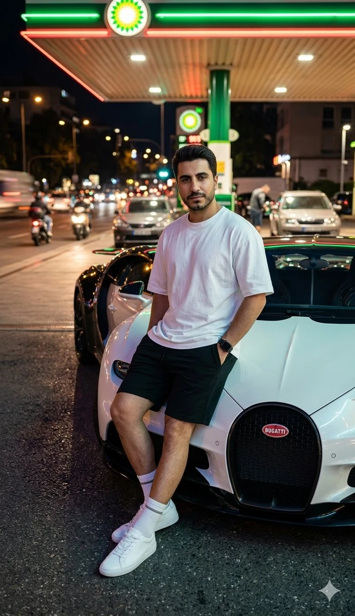 A confident young Middle Eastern man with short dark hair, neat trimmed b...