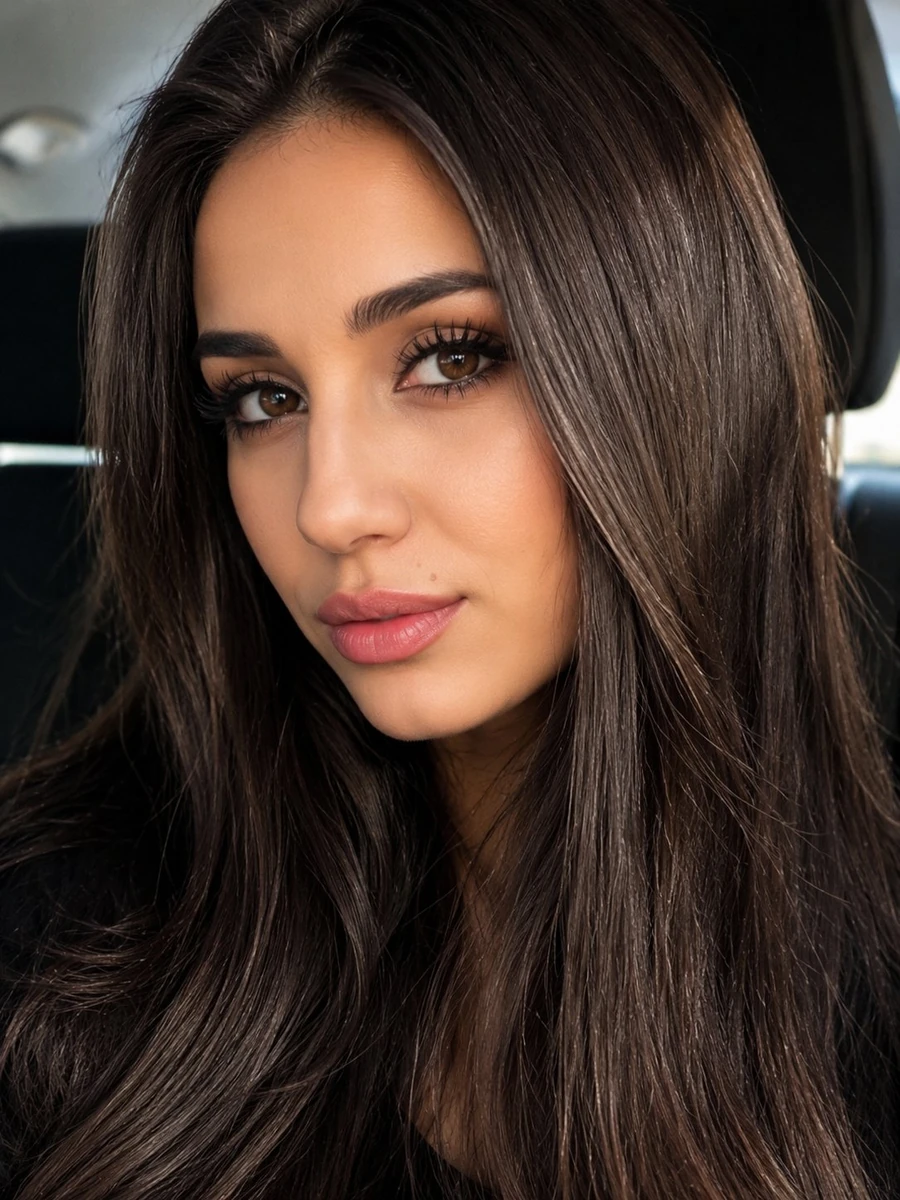Ultra-realistic close-up beauty selfie of a stunning young woman sitting...