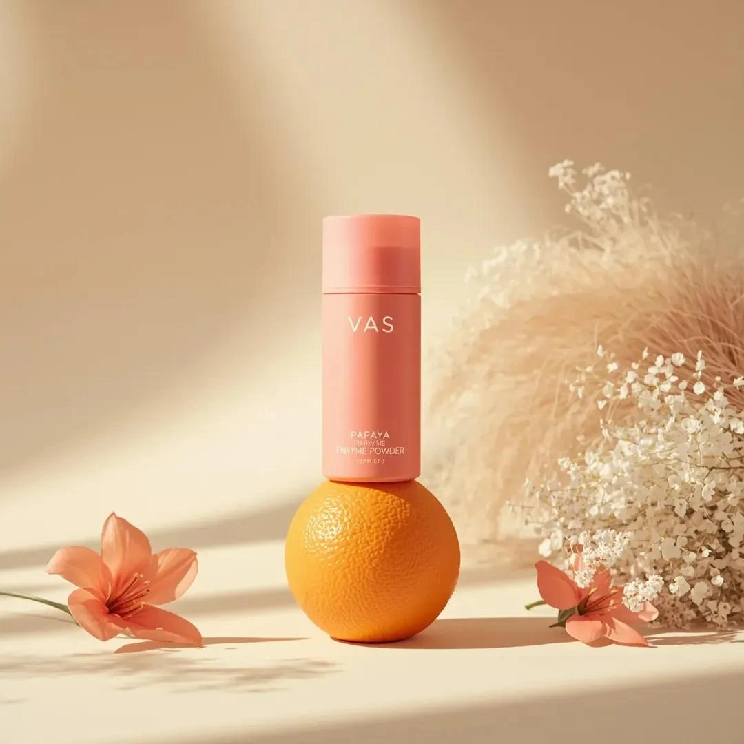 Minimalist high-end product photography of a bright pink cylindrical skin...