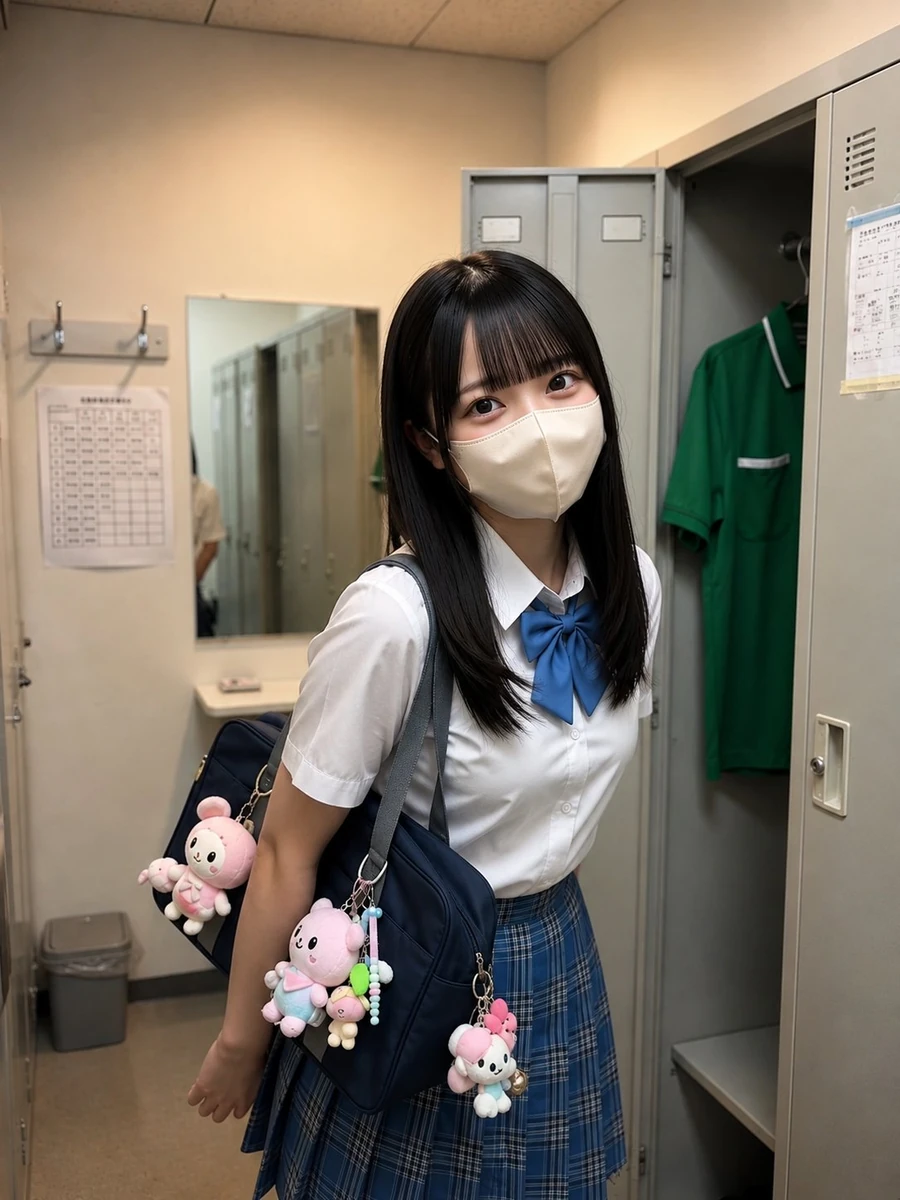 Photorealistic candid portrait of a young East Asian schoolgirl standing...