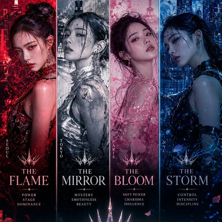 Ultra-premium K-pop comeback concept featuring a four-member global girl...
