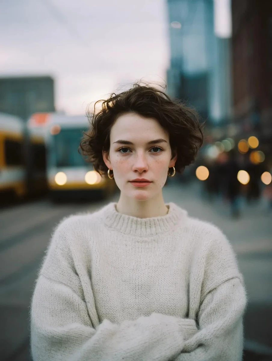 Cinematic, intimate portrait of a young woman with short dark wavy hair,...