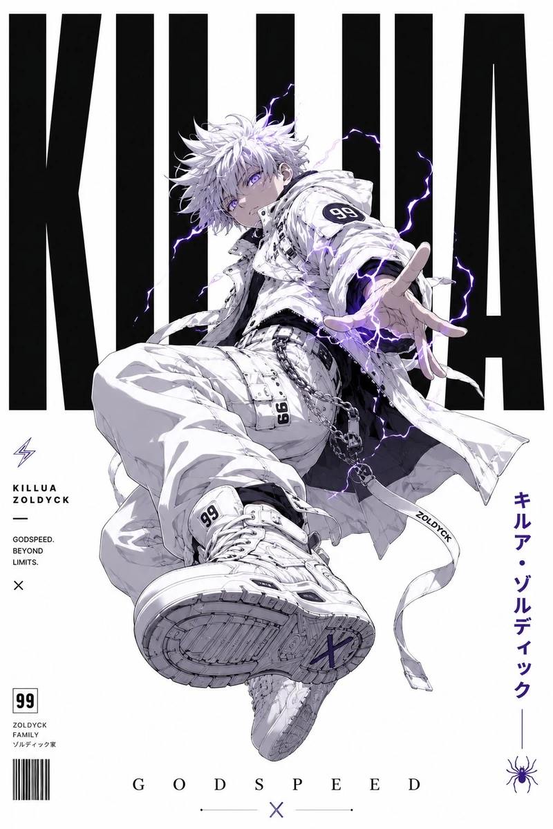 A minimalist, high-end graphic design poster of Killua Zoldyck in a power...