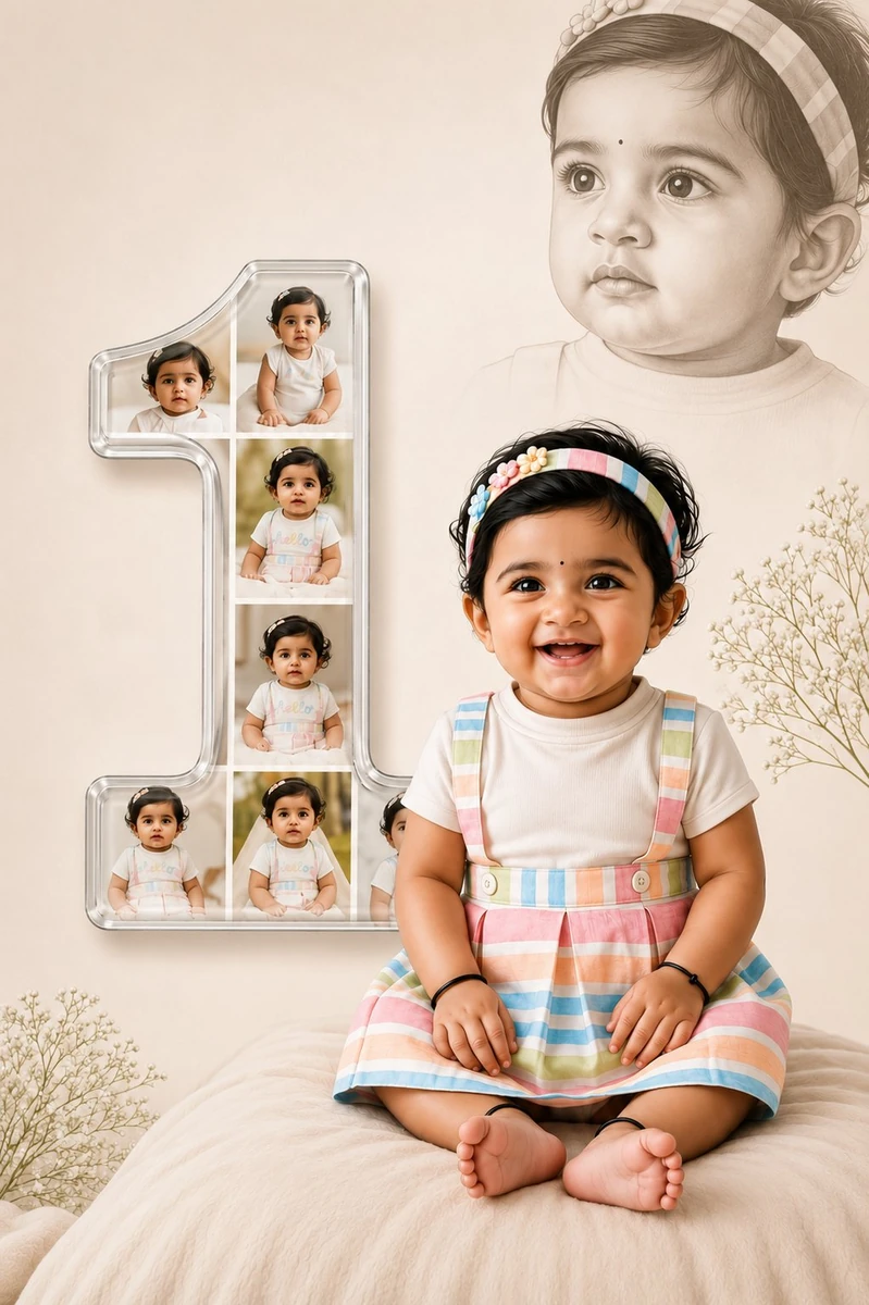 premium first birthday milestone portrait of an adorable baby girl sittin...