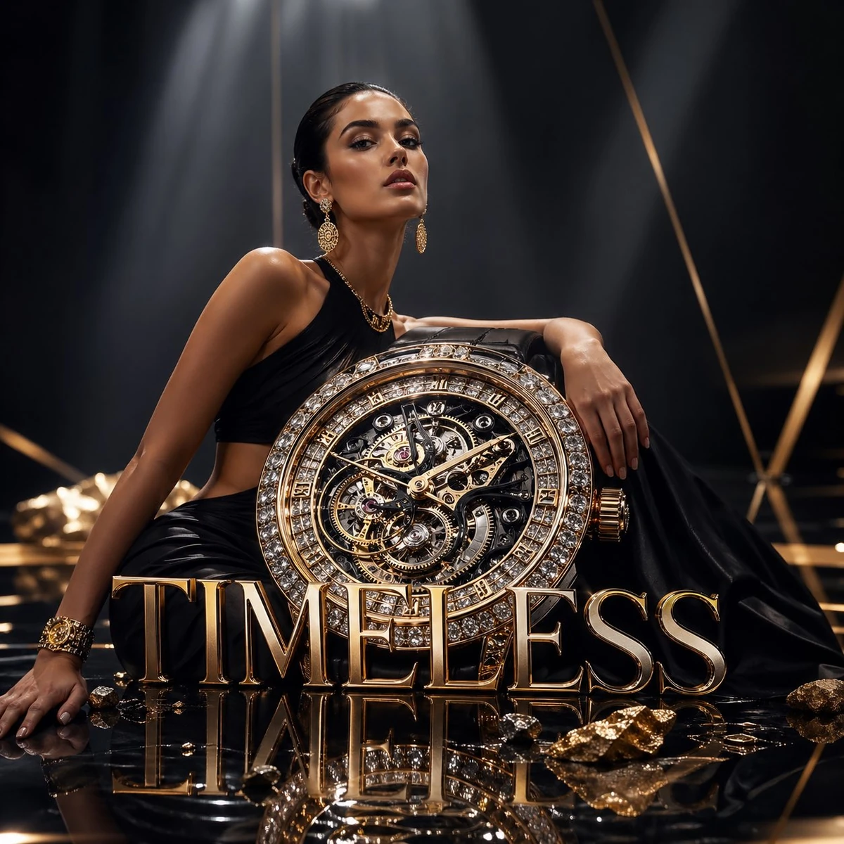 Avant-garde luxury watch fashion ad, sophisticated female model in sleek...