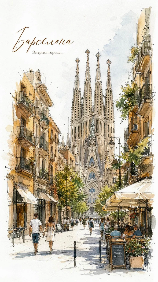 Elegant European city street travel poster, delicate watercolor and ink s...