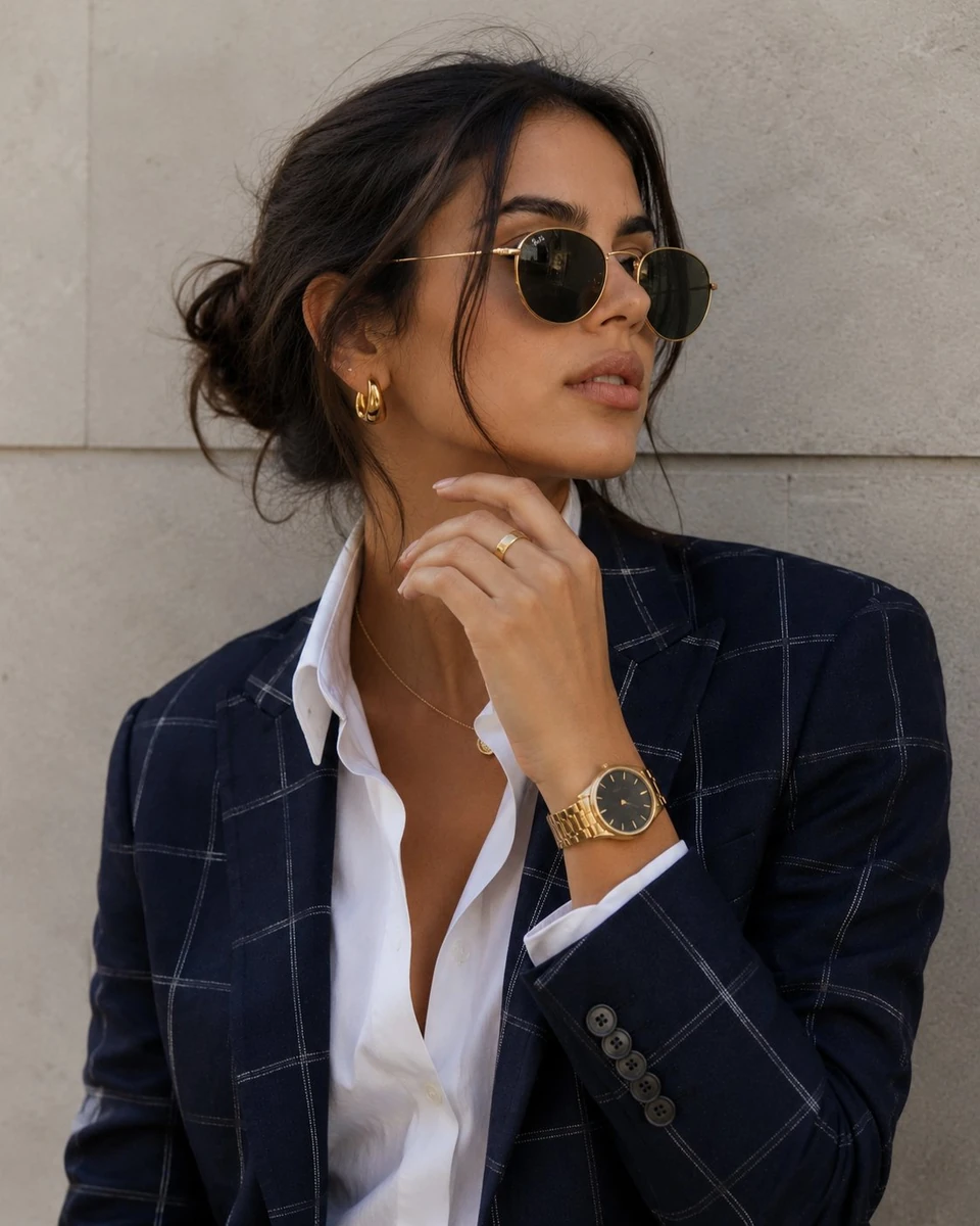A close-up portrait of a stylish woman with softly tousled dark hair gath...