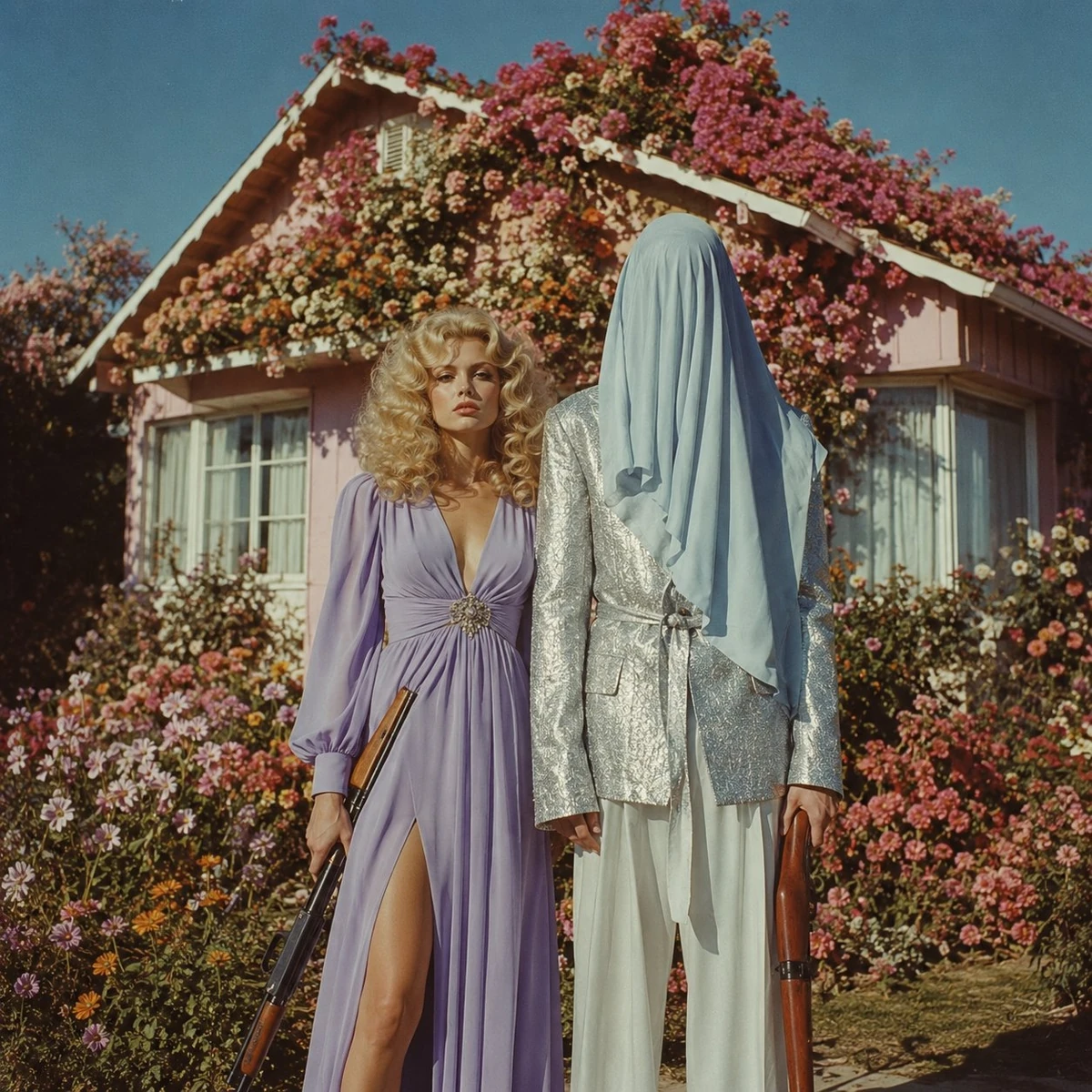 Surreal vintage fashion editorial, two mysterious figures standing in fro...