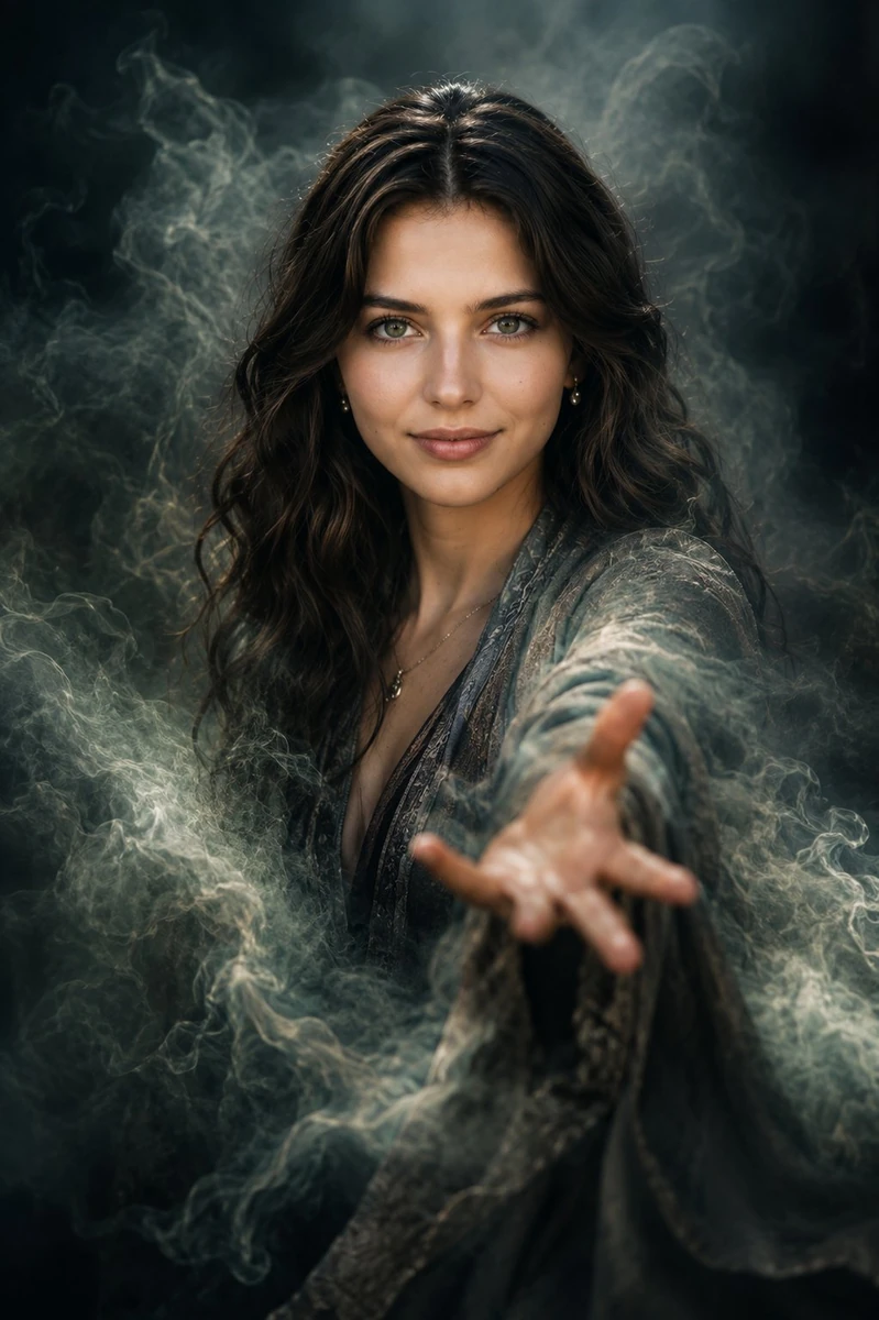 Powerful cinematic portrait of a striking young woman, using 100% facial...