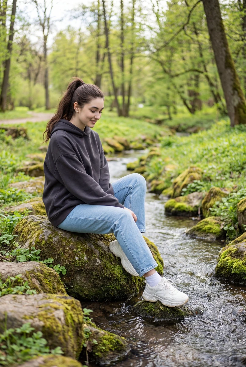 Ultra-realistic lifestyle portrait of a young woman sitting on a large ro...