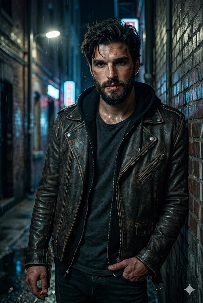Ultra-realistic portrait of a rugged man with sharp facial features, mess...