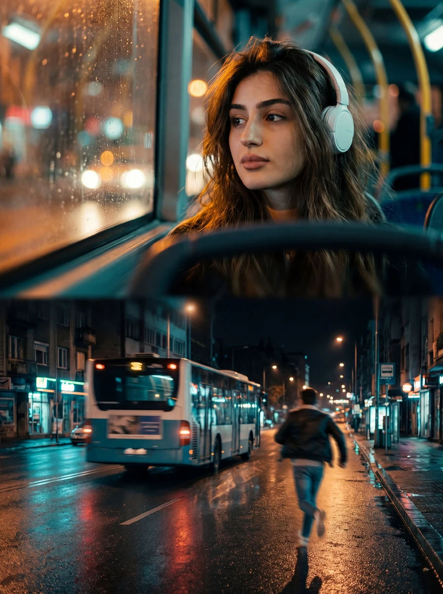 Cinematic double-frame composition (top &amp; bottom), night urban scene...