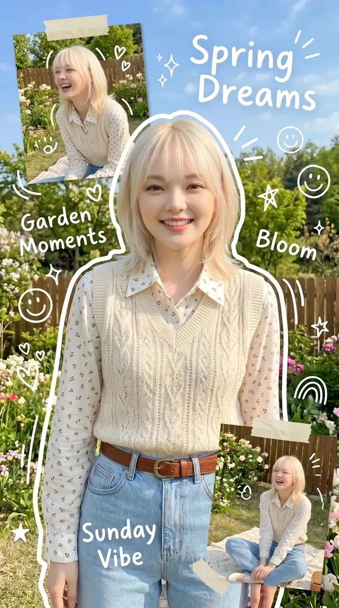 Cute Korean spring aesthetic scrapbook poster, dreamy K-fashion portrait,...