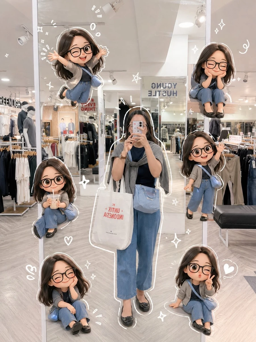 A stylish young woman taking a mirror selfie inside a modern clothing sto...