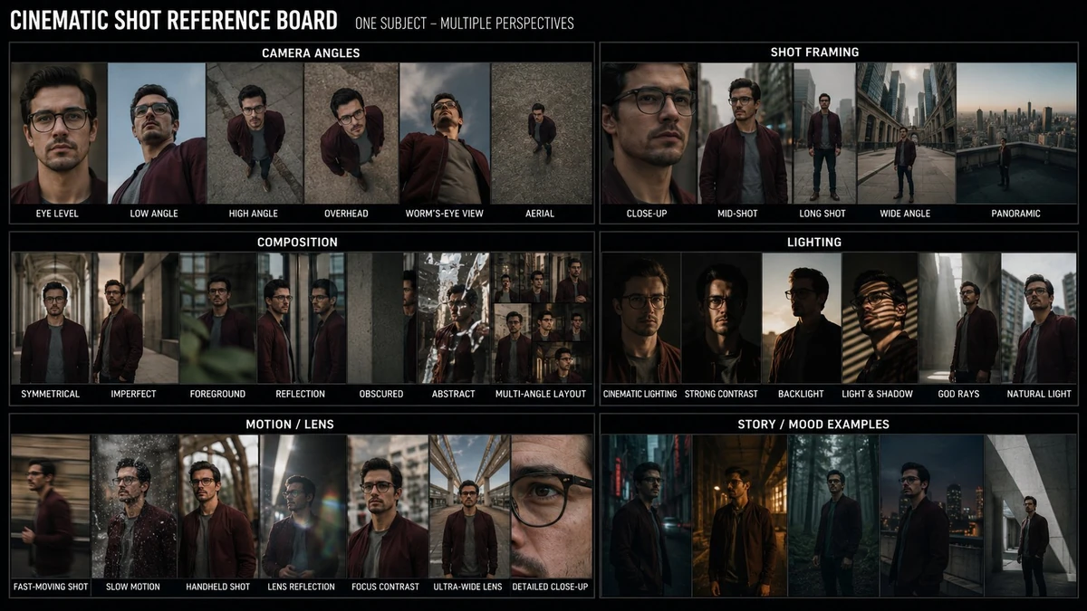 This image is a cinematic shot type reference board. It shows how one sub...