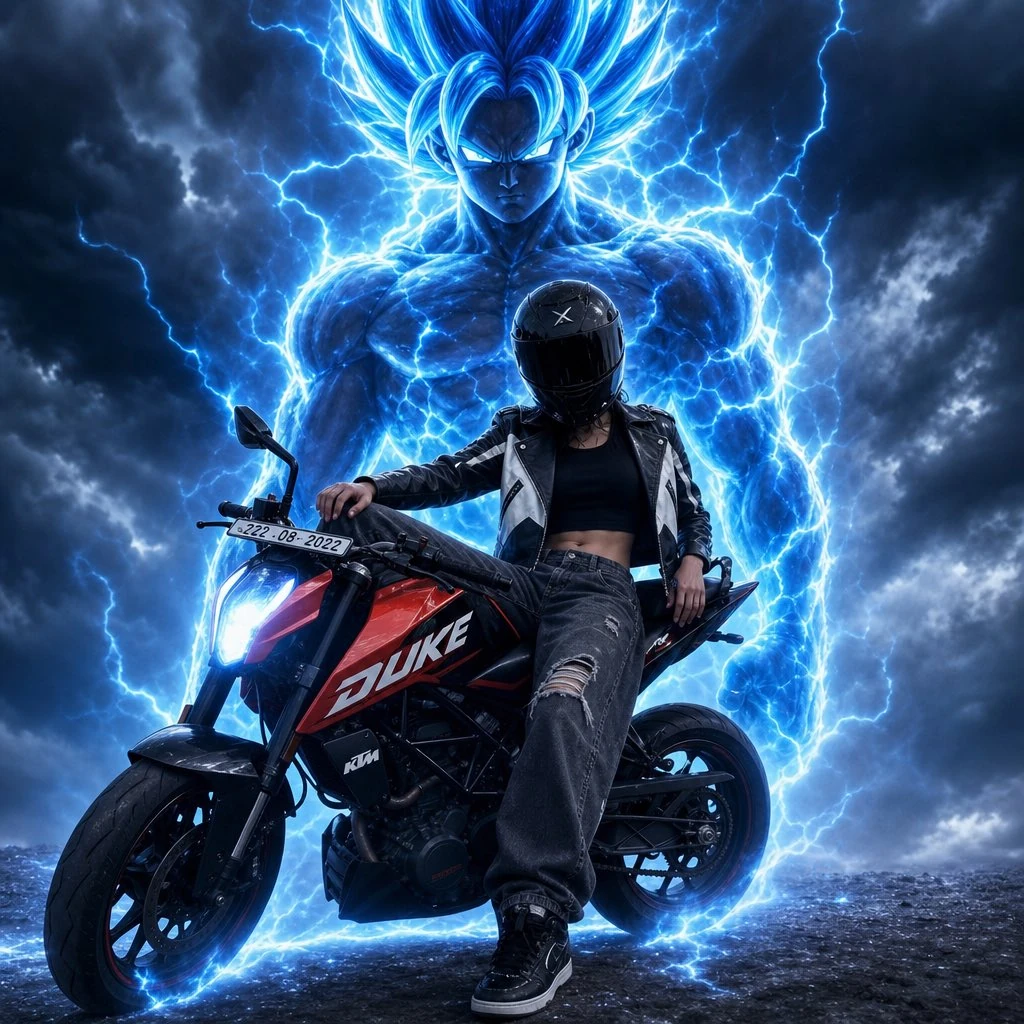 Ultra realistic cinematic anime edit of a young biker girl sitting on a r...