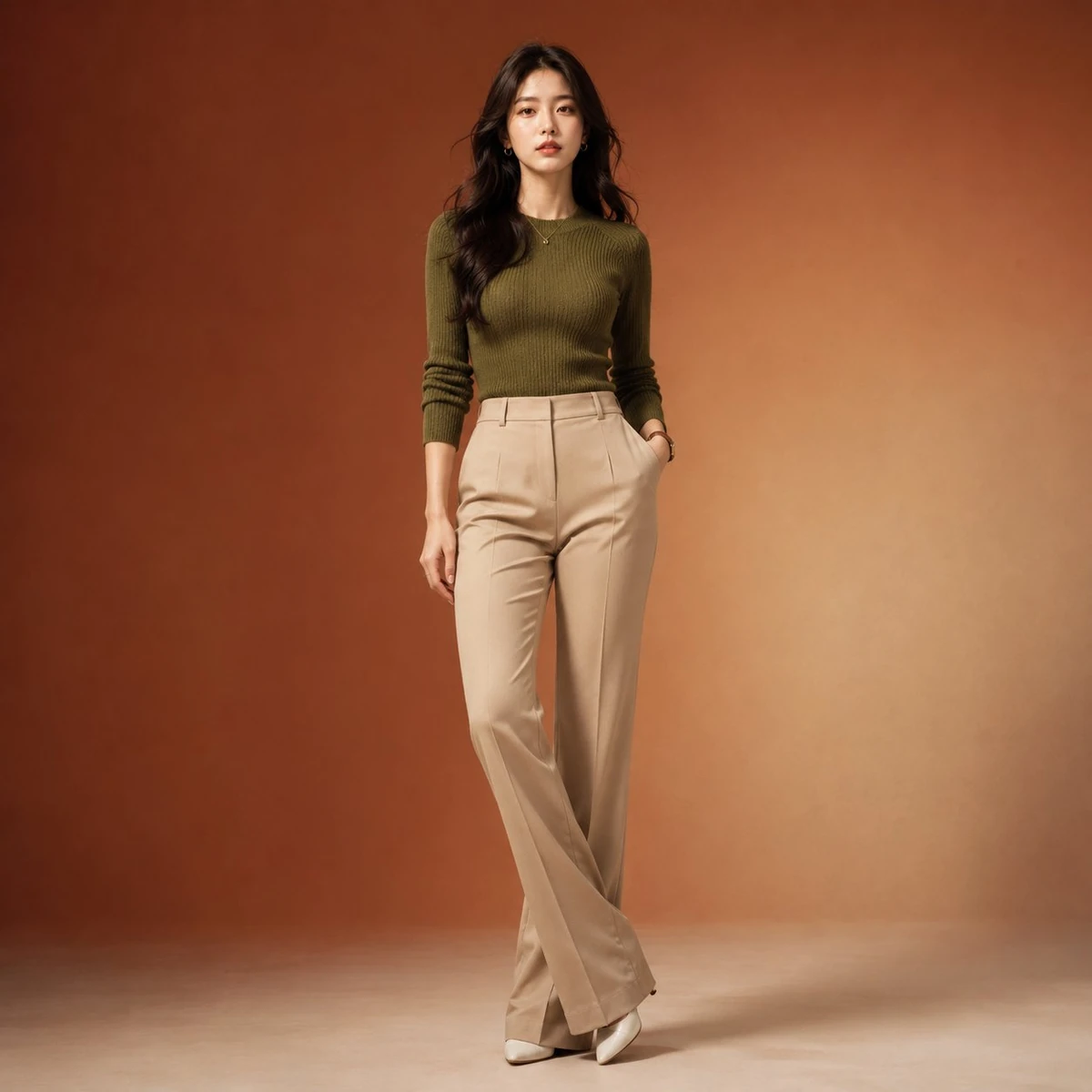 Full-body professional fashion editorial portrait of a beautiful young Ko...