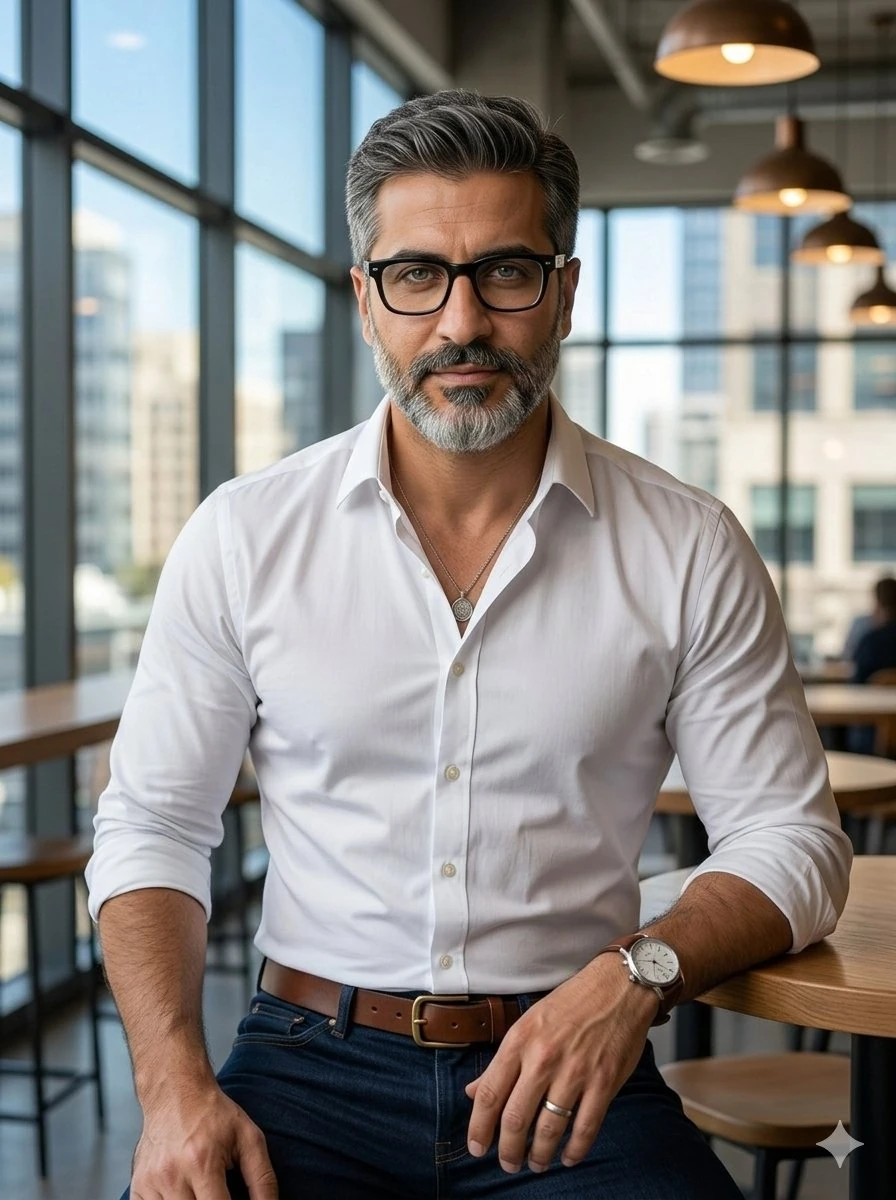confident mature handsome Pakistani or Middle Eastern man around 45-50 ye...