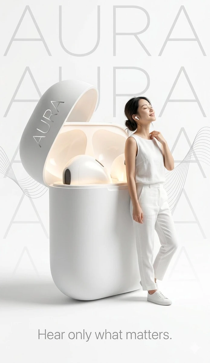 - A clean tech advertisement poster. A stylish young woman in a white min...