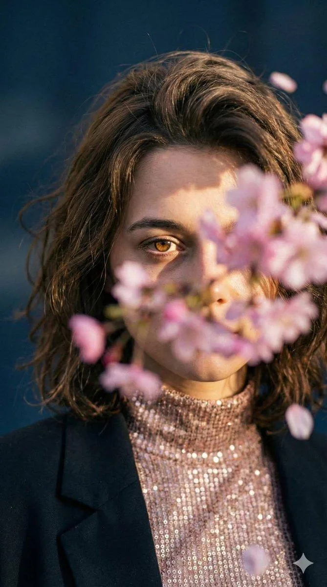 Poetic cinematic close-up portrait of a young woman partially obscured by...