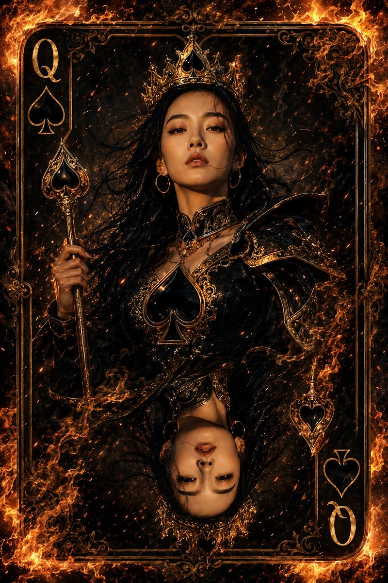 Ultra-detailed fantasy playing card illustration of the Queen of Spades,...