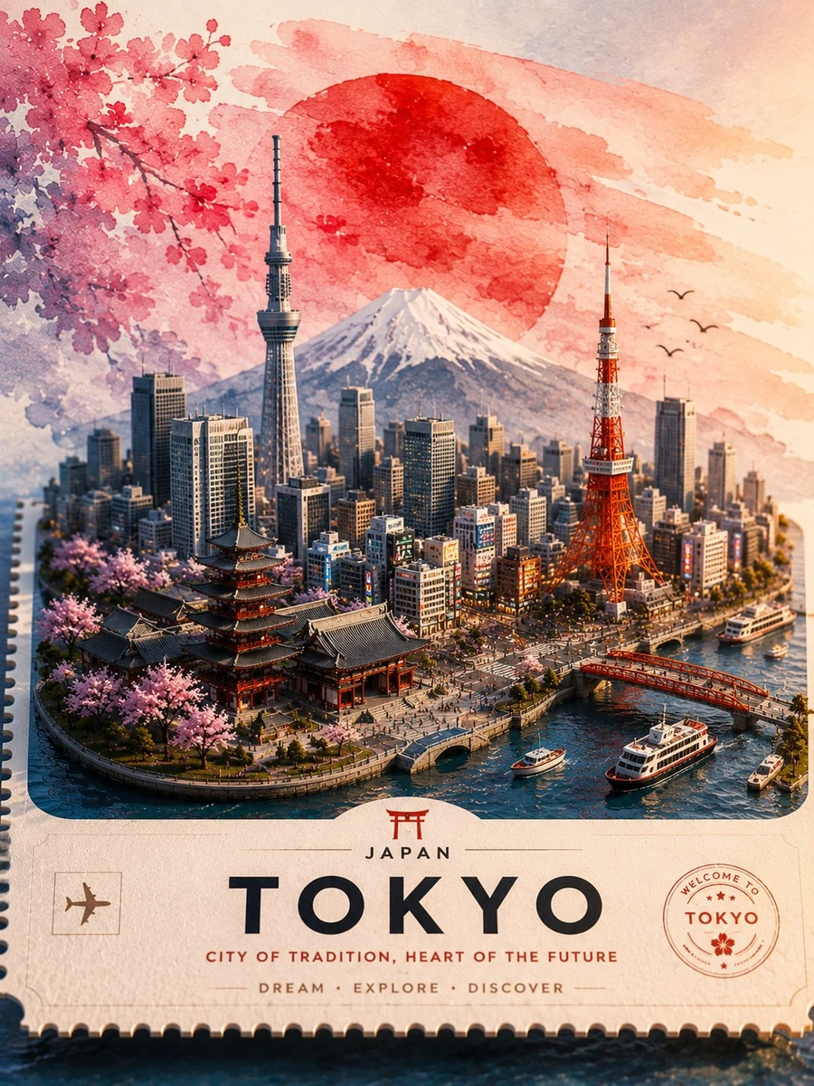 Ultra-detailed vintage travel poster illustration of Tokyo, Japan, design...