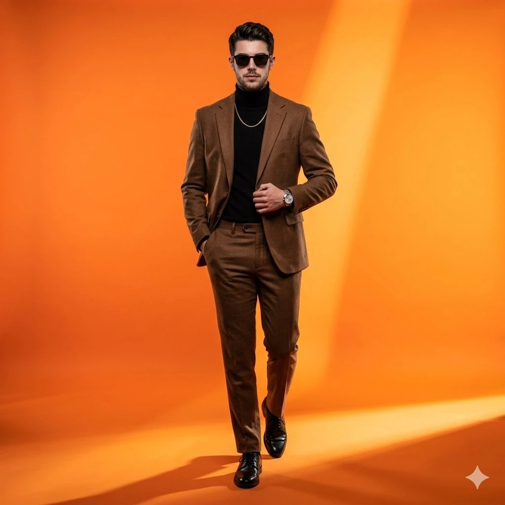 A full-body studio portrait of a stylish, confident man walking forward i...