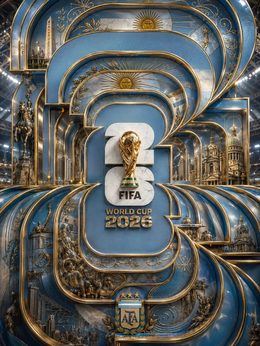 Ultra-luxury FIFA World Cup 2026 poster, monumental layered Art Deco arch...