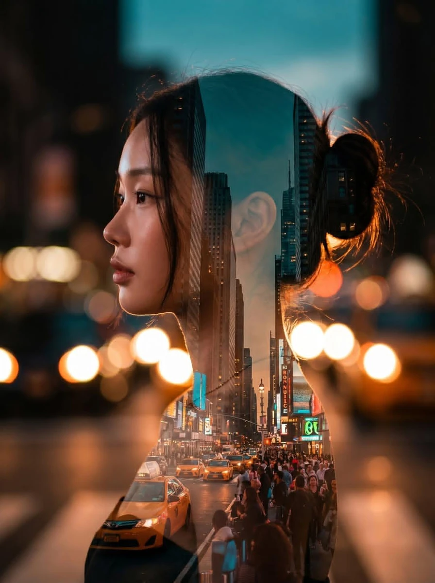 A cinematic double exposure portrait of a hollywood actress in profile, h...