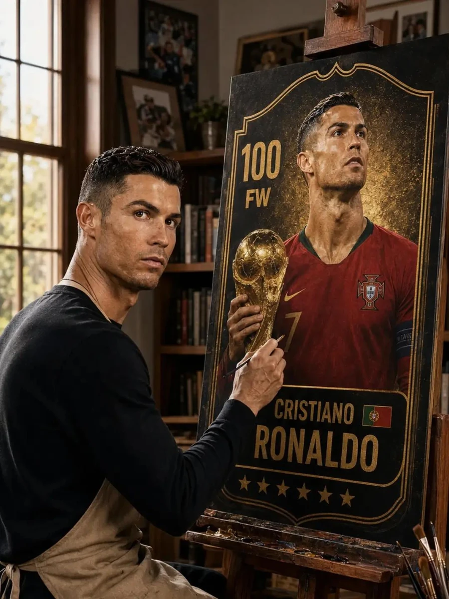 A legendary football icon sitting in a classic artist studio, painting hi...