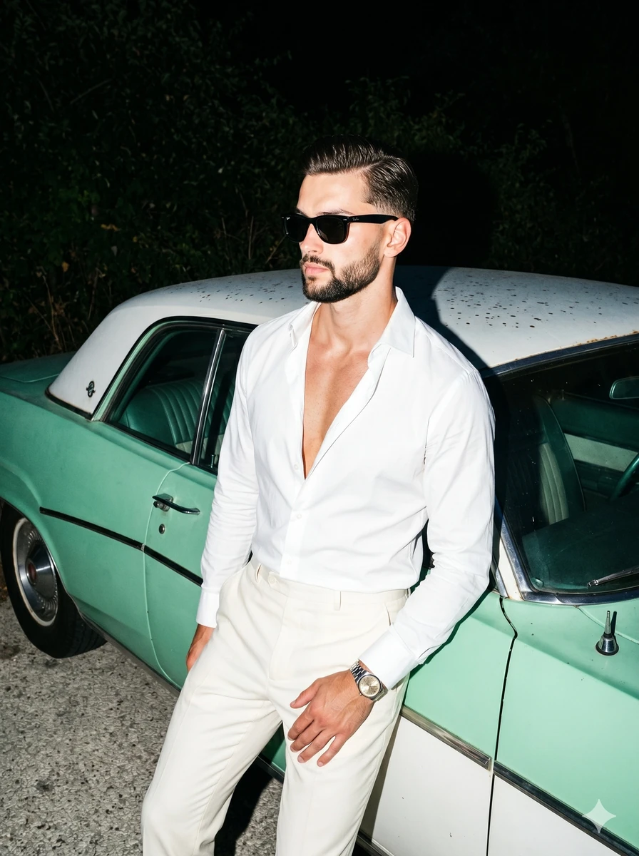 A young, athletic adult male styled in retro-modern evening resort wear s...