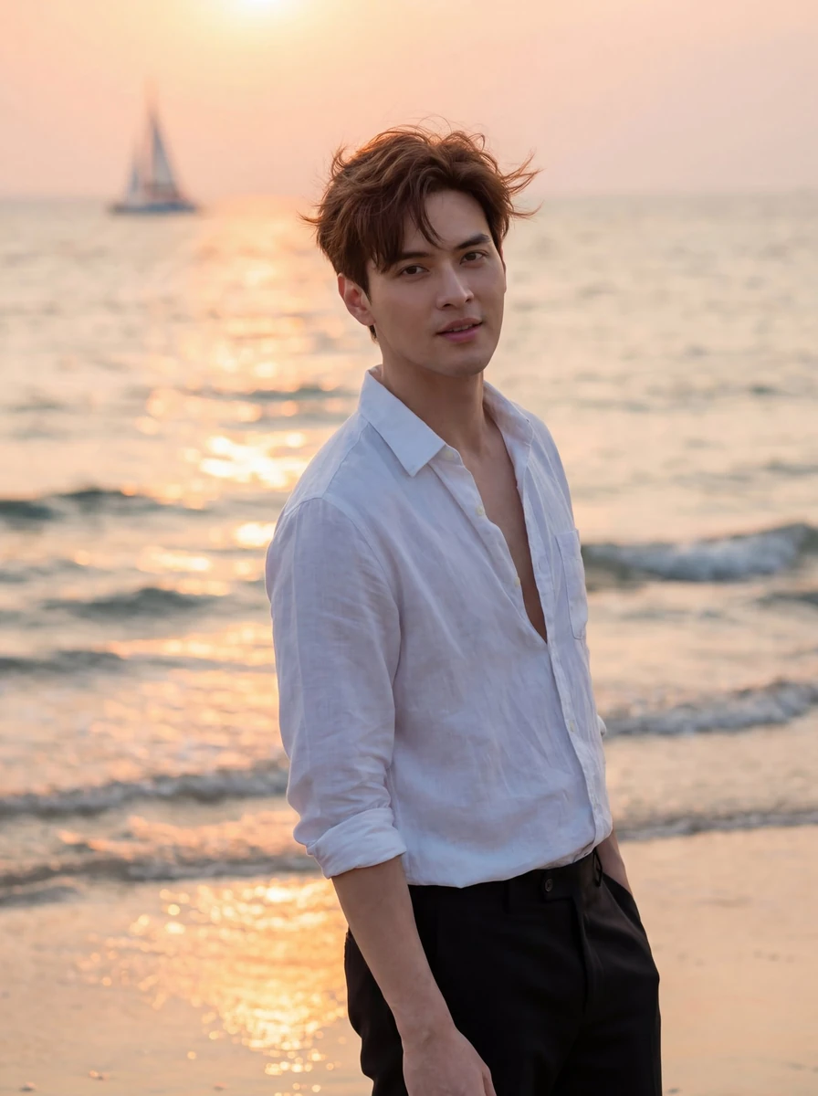 A cinematic beach sunset portrait of a young man standing at the shorelin...