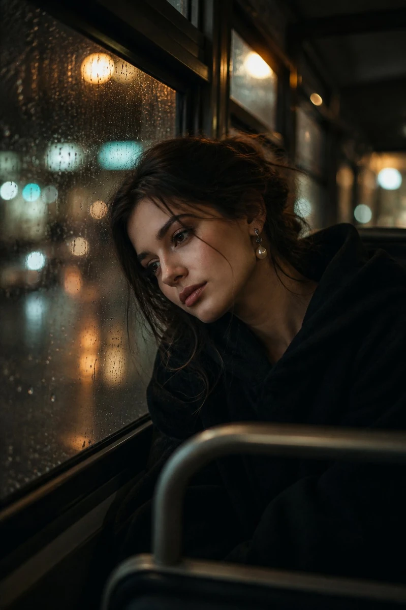 Ultra-realistic cinematic portrait of a young woman sitting by a rain-cov...