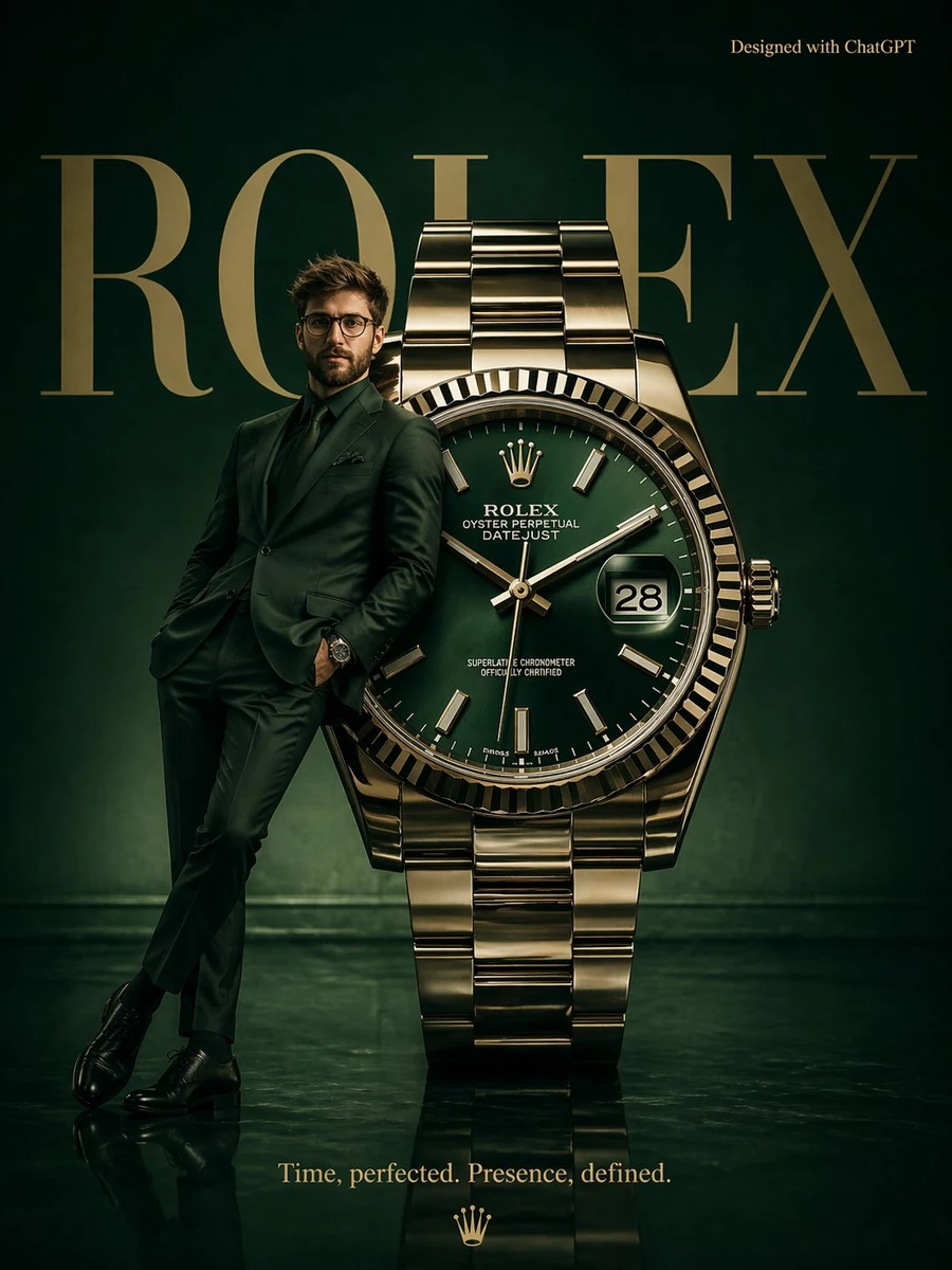 A high-fashion surrealist poster for Rolex. A deep emerald green minimali...