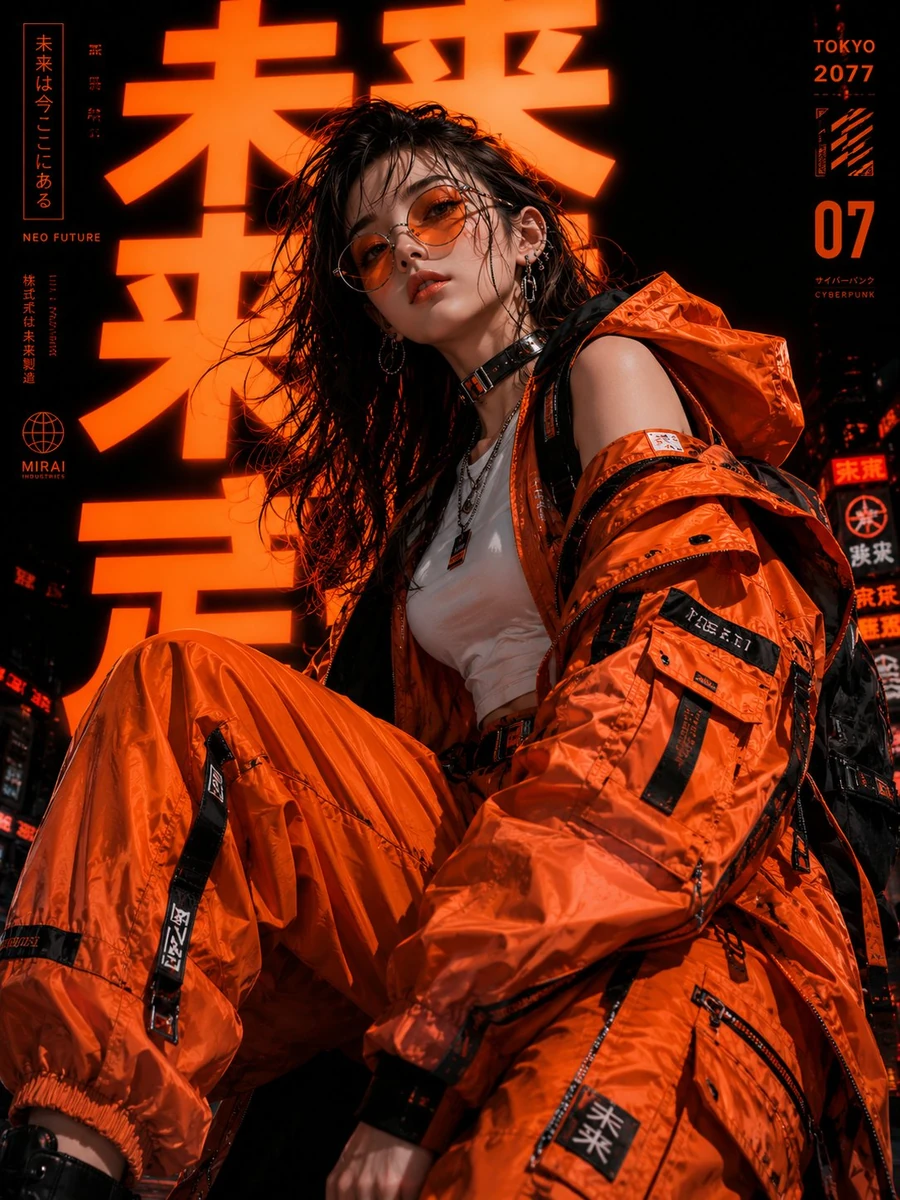 Ultra-detailed cyberpunk fashion portrait of a futuristic Japanese street...