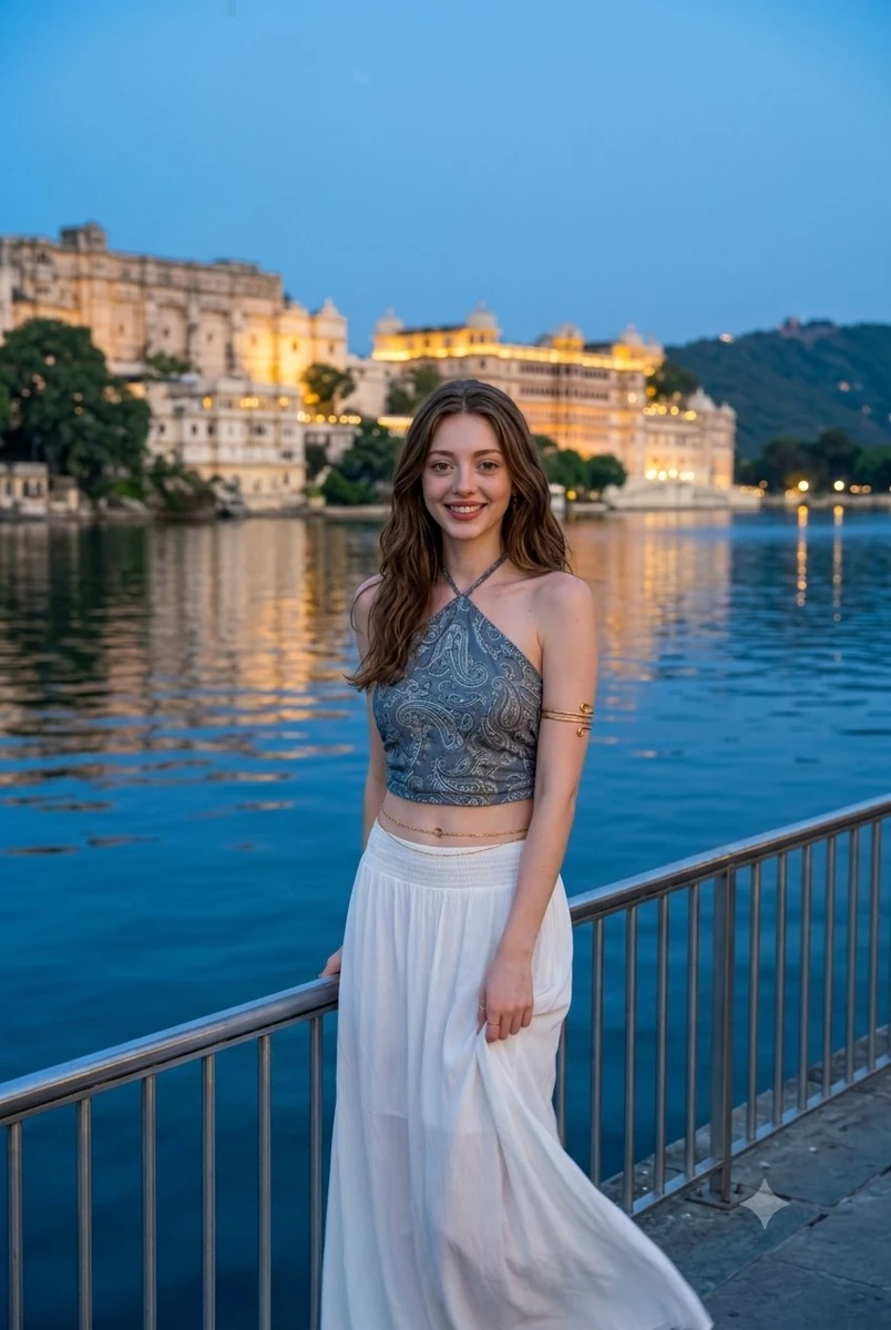 Ultra-realistic candid cinematic portrait of a woman standing beside a la...