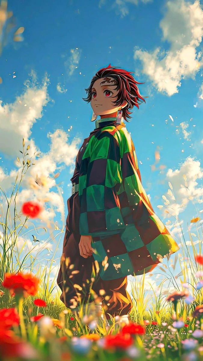 An anime protagonist standing peacefully in a breathtaking natural landsc...