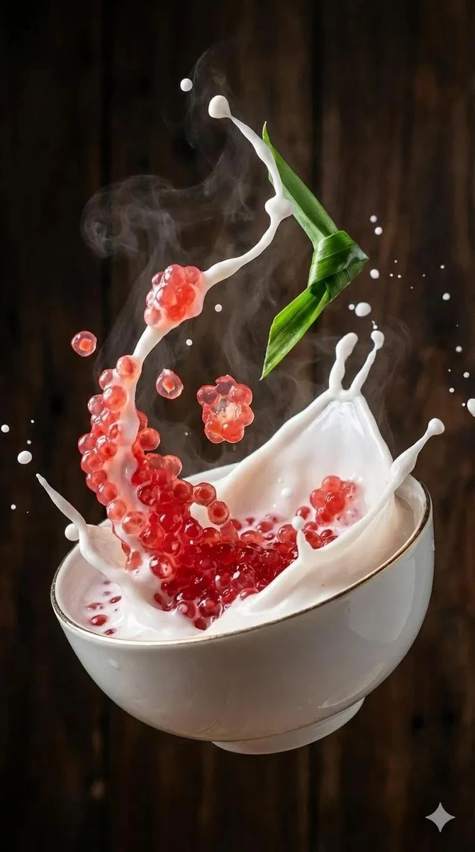 Ultra-realistic food photography of a traditional dessert bowl with dynam...
