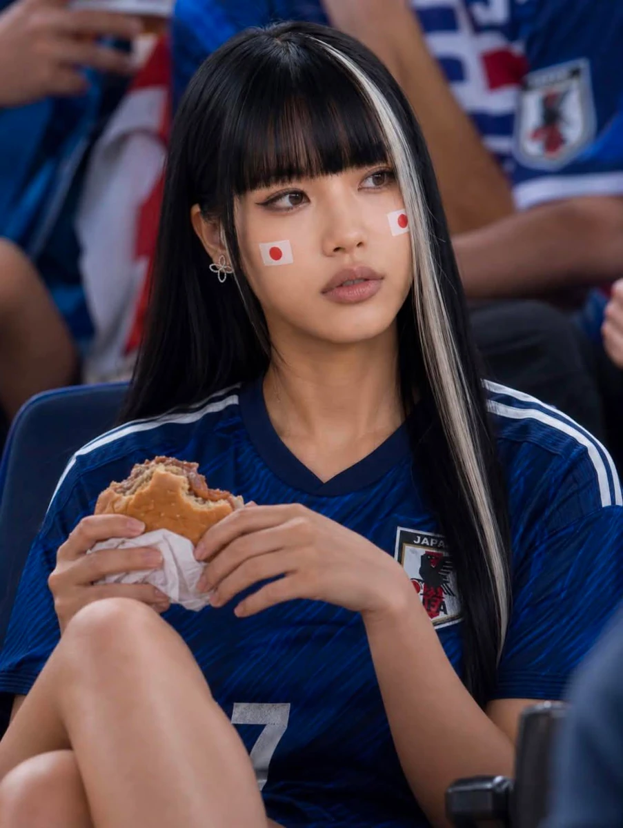 Ultra-realistic portrait of a stylish young woman at a packed football st...