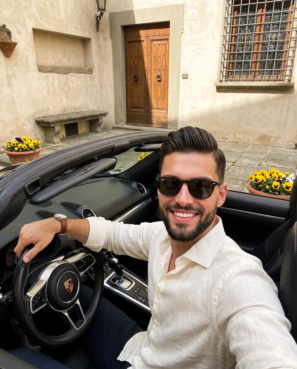 A high-angle selfie captures a young man sitting comfortably in the drive...