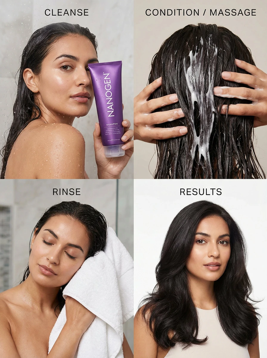 2x2 grid beauty campaign image showcasing the Nanogen shampoo for women (...