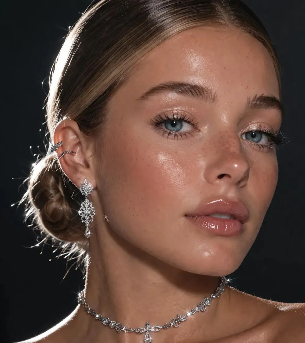 An extreme close-up focusing on a pretty lady's face and neck. She has bl...