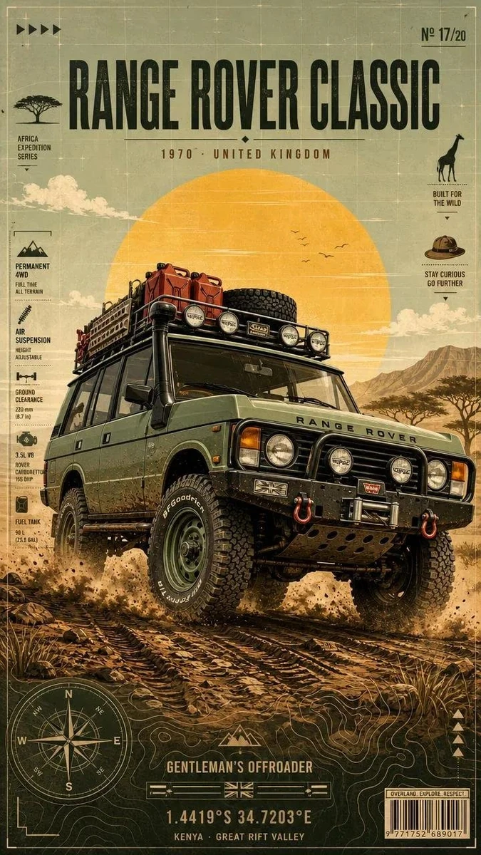 Ultra-detailed vintage overland expedition poster featuring a legendary c...